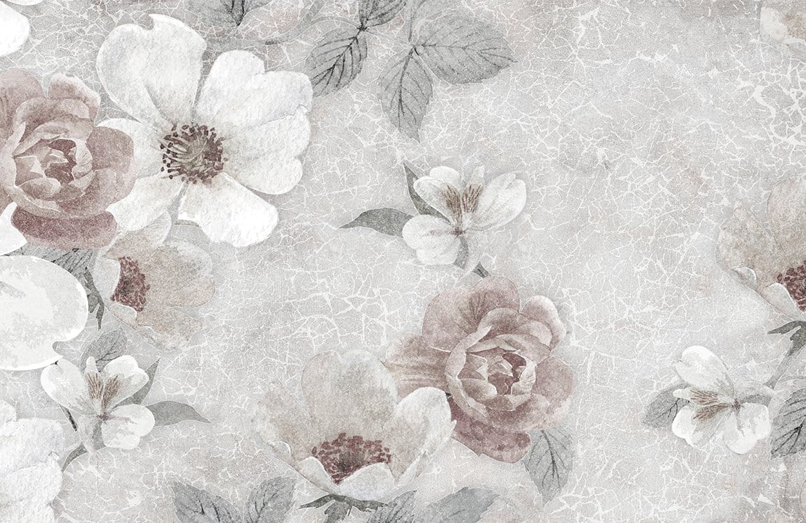 1155x750 Vintage Floral Watercolour Wallpaper Mural in Soft Beige and Grey Tones