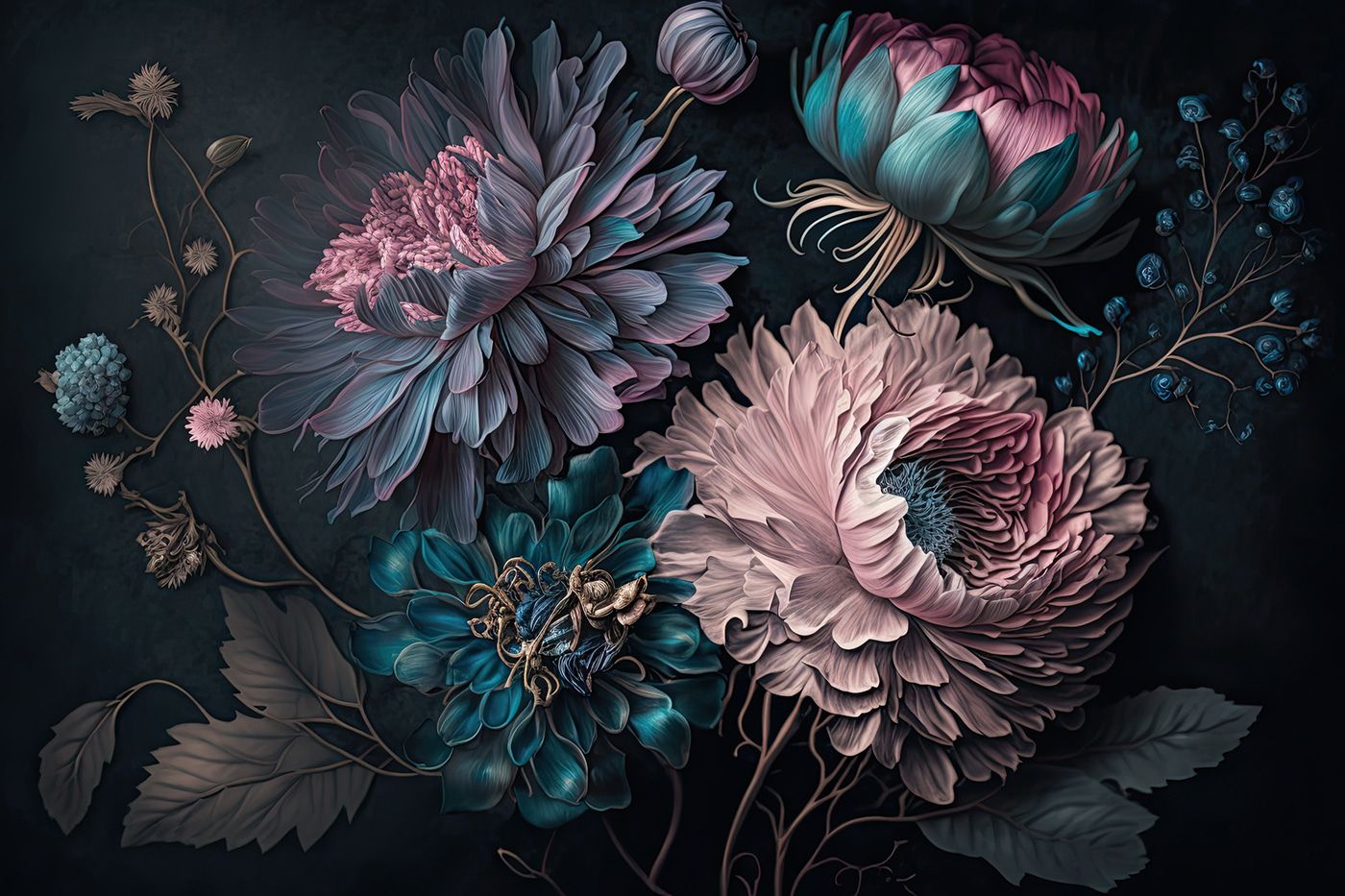 1400x933 Wall Murals Elegant Flowers On A Dark Background, 3D Flower Wallpaper, Popular Wall Murals, u75404