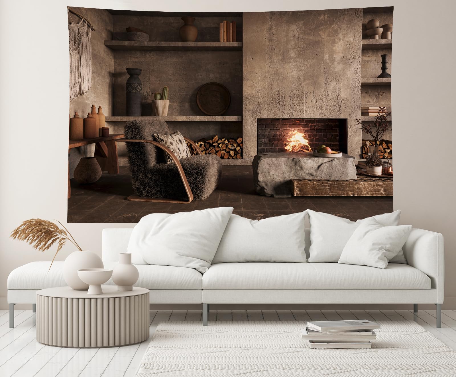 1600x1324 Amazon.com : CHNYWORK 5x4ft Wabi Sabi Living Room Interior Backdrop for Photography Cozy Sofa Cement Wall with Fireplace Background Home Interior Design Kids Adults Portraits Photo Shoot Props Wallpaper