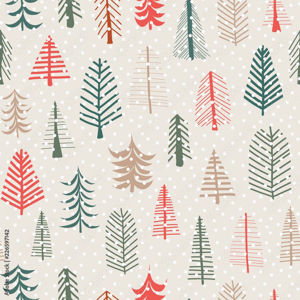1000x1000 Vetor do Stock Christmas tree vector seamless pattern repeat tile. Green, brown, red doodle trees and snowflakes. Scandinavian Christmas background for fabrics, paper, card, web banner, invitations, wrapping, decor