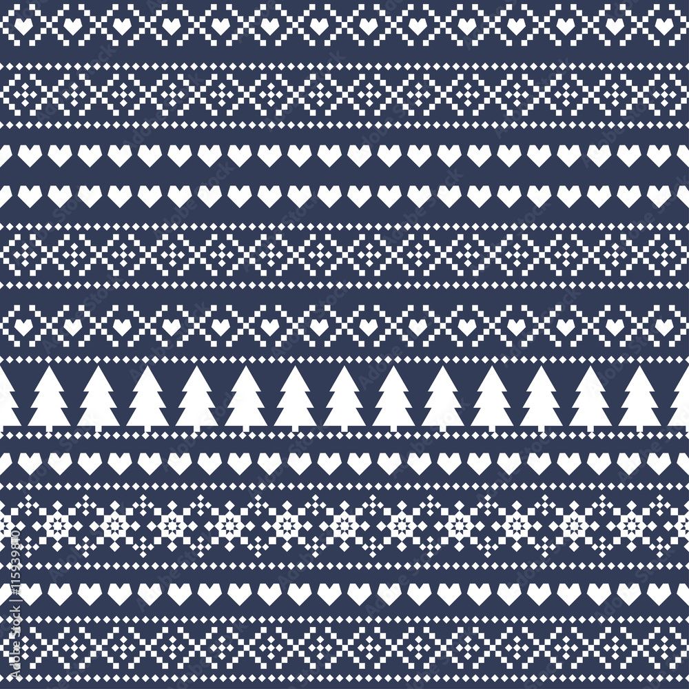 1000x1000 Simple Christmas Pattern Trees, Hearts, Snowflakes On Blue Background. Seamless Christmas Background, Card Sweater Style. Design For Textile, Wallpaper, Web, Fabric, Decor Etc. Stock Vektor