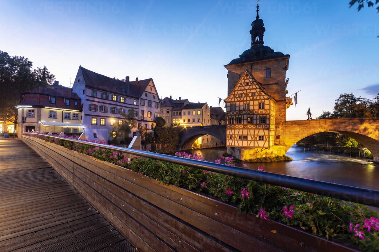 1232x822 Germany, Bavaria, Bamberg, Old town hall, Obere Bruecke and Regnitz river at dusk