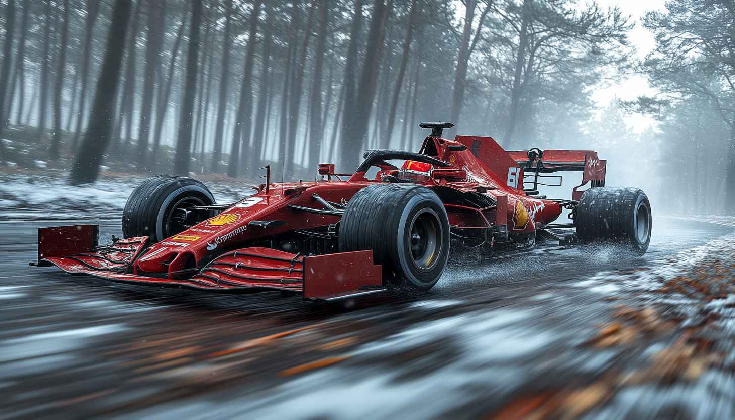 1456x832 Stunning Ferrari F1 Car Wallpaper, Racing in Snow Forest