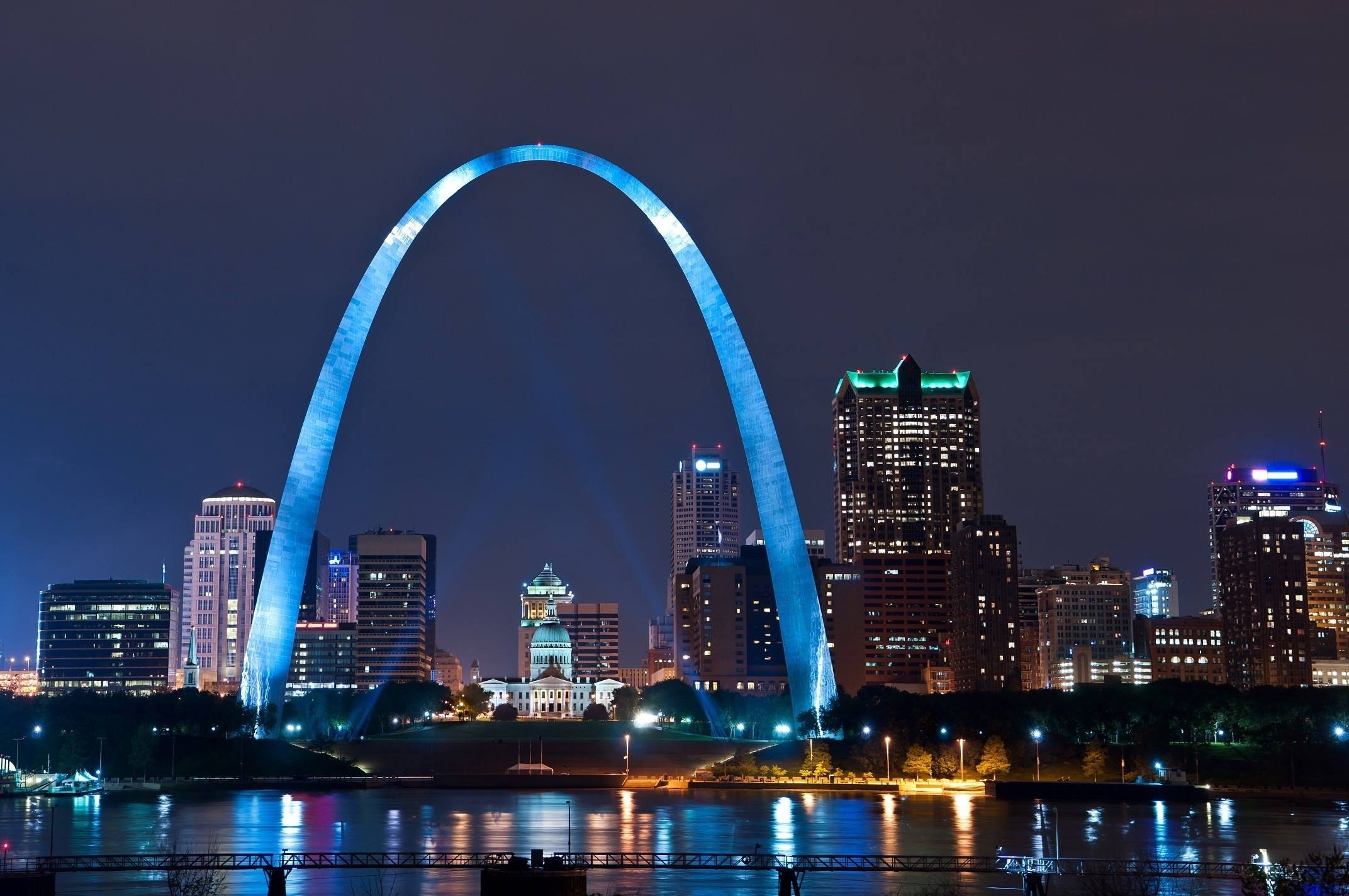 2144x1424 Gateway Arch Lit Up Blue In St. Louis City Saint Louis Missouri State USA United States
