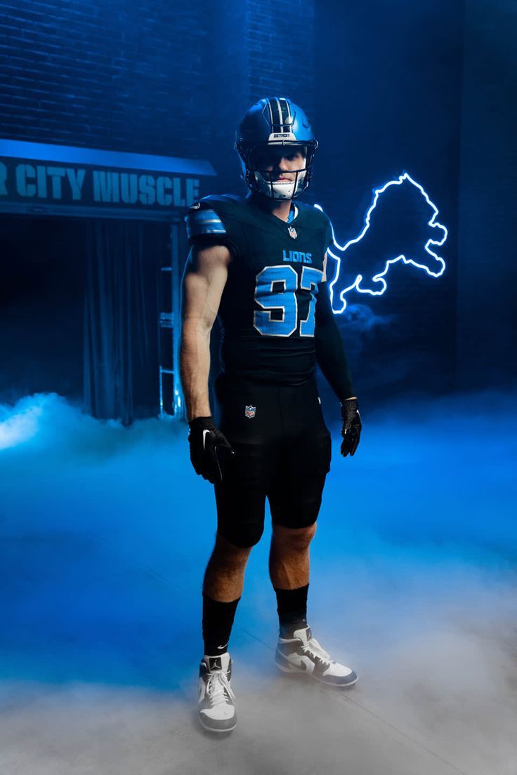 736x1104 Lions Mobile: Detroit Lions defensive lineman Aidan Hutchinson (97) during the 2024 uniform media day in New Hudson, MI on March 2024. (Detroit Lions) Jeff Nguyen