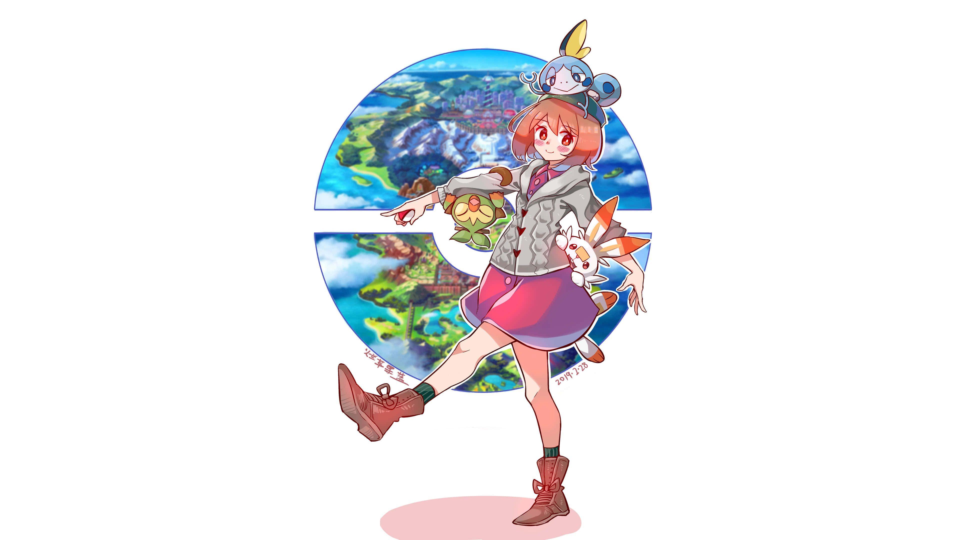 3840x2160 Pokemon Sword And Shield Sobble Scorbunny Grookey Female Pokemon Trainer UHD 4K Wallpaper
