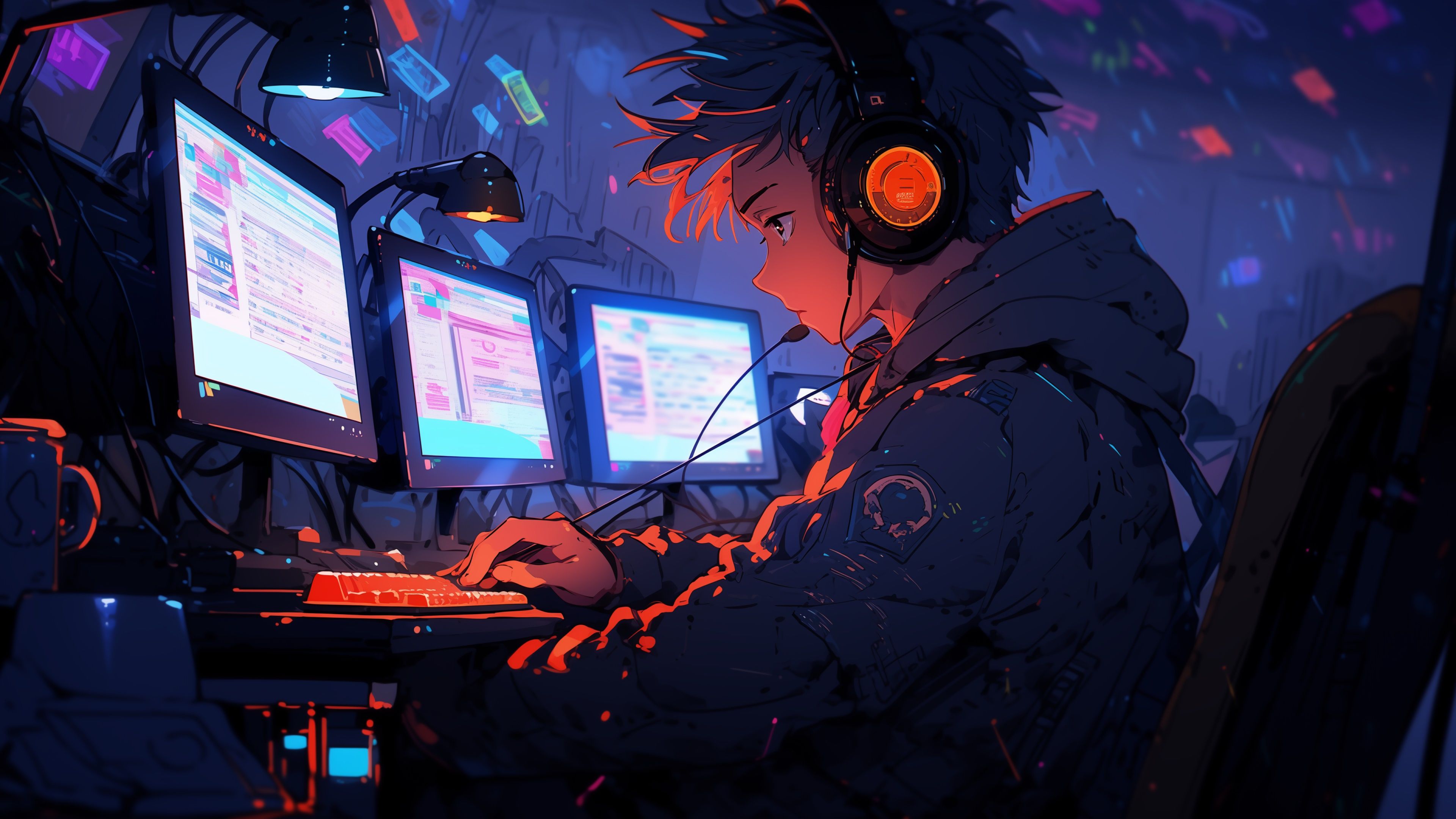 3840x2160 Anime Coder In High Tech Workspace