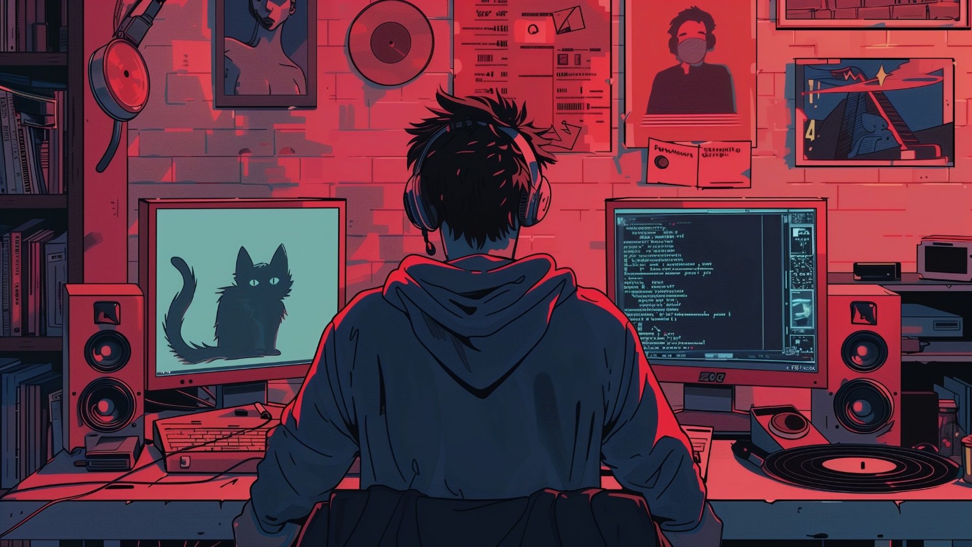 1920x1080 Focused Nighttime Coding Session in Anime Style