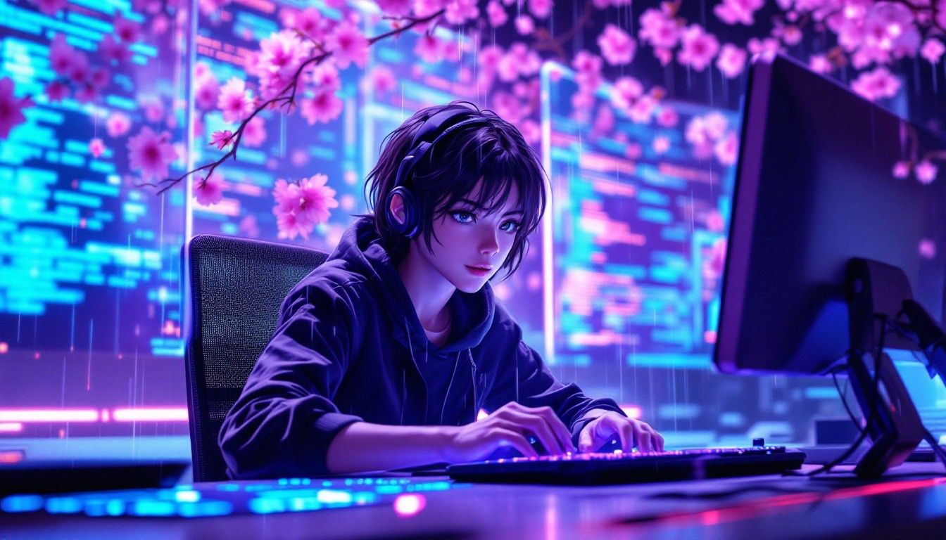 1344x768 Free Cyberpunk Cherry Coder Image, Anime, Coder