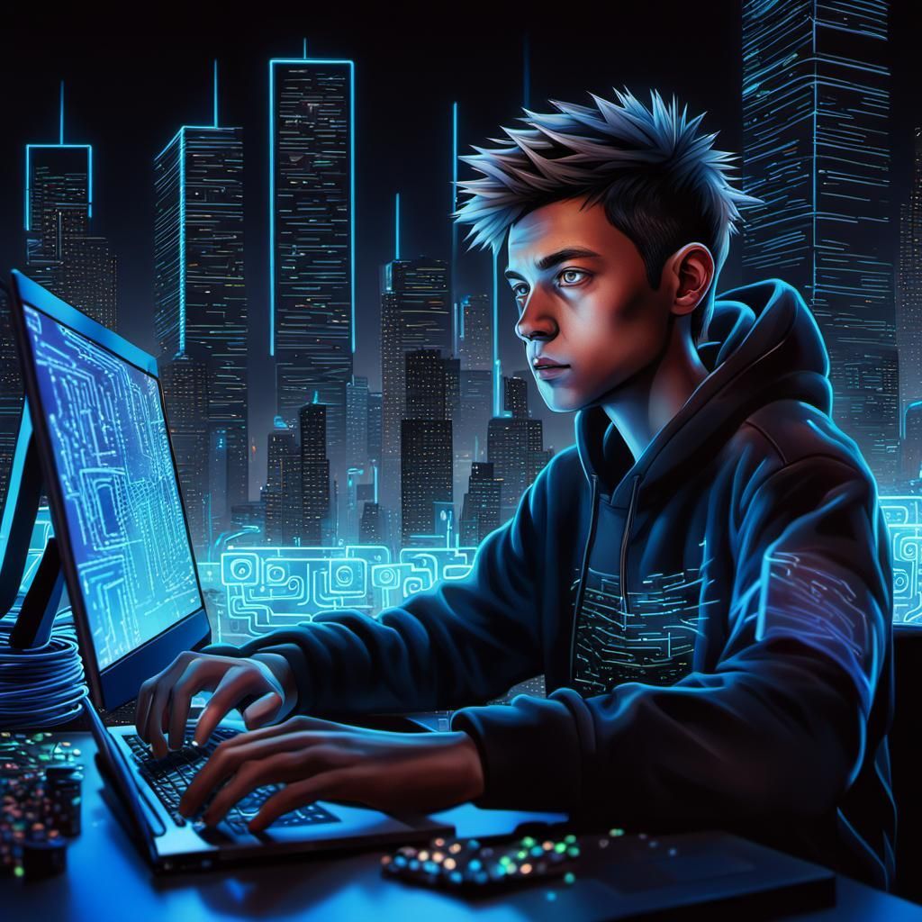 1024x1024 Focused Coder in Futuristic Cityscape: 3D Anime St