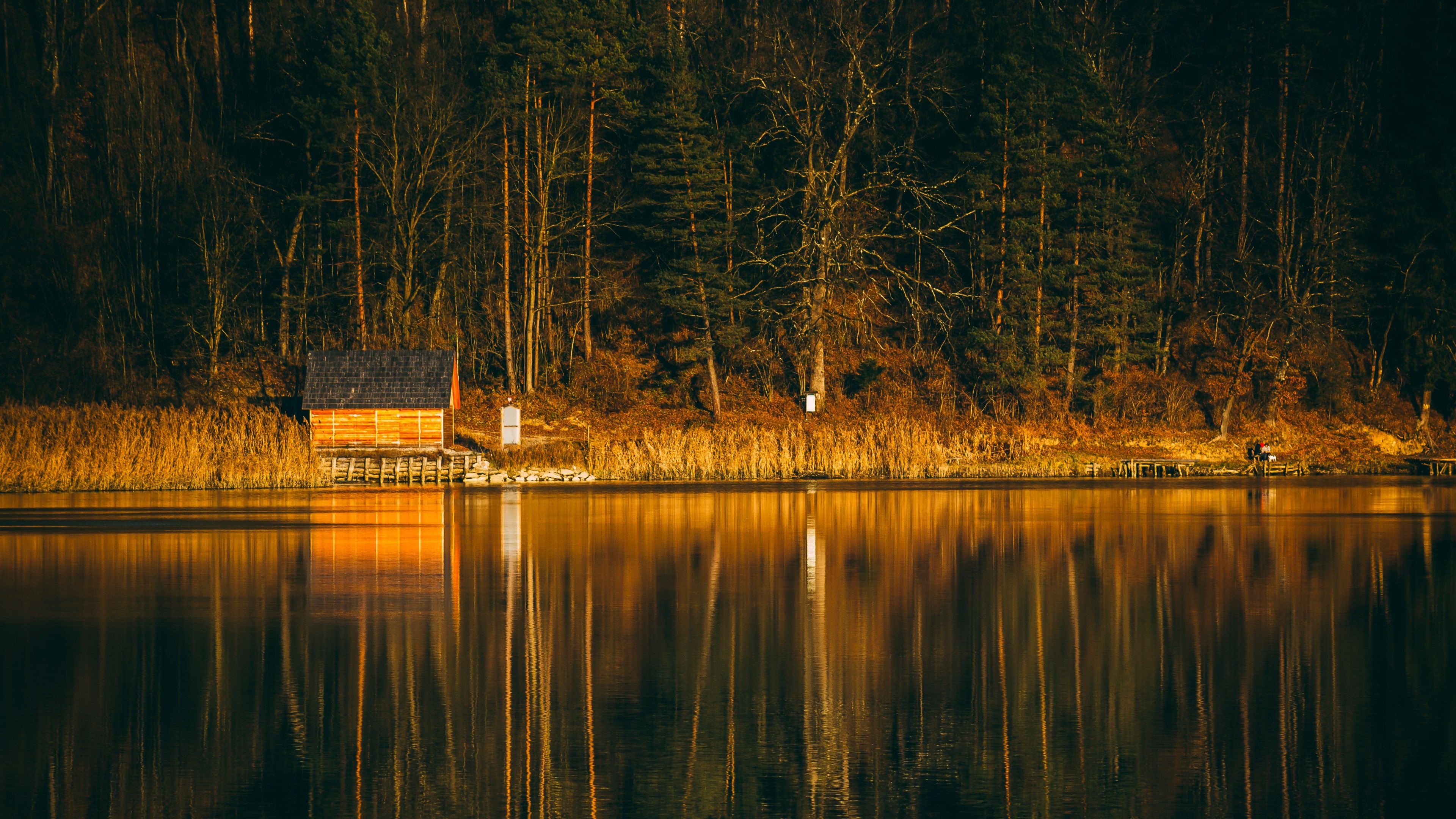 3840x2160 River Wallpaper 4K, Forest, Wooden House, Reflection