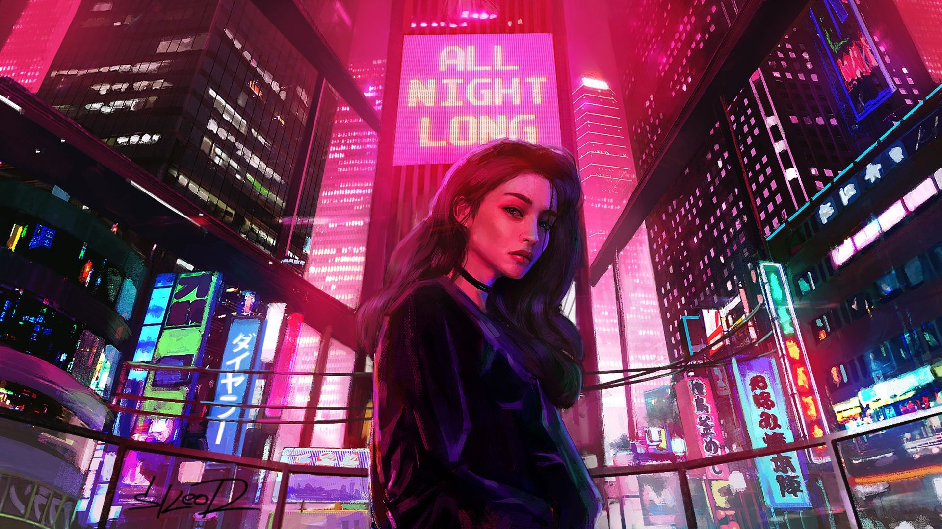 1920x1080 Wallpaper girl, light, night, the city, lights, neon, advertising, Synthpop for mobile and desktop, section живопись, resolution 1920x1080