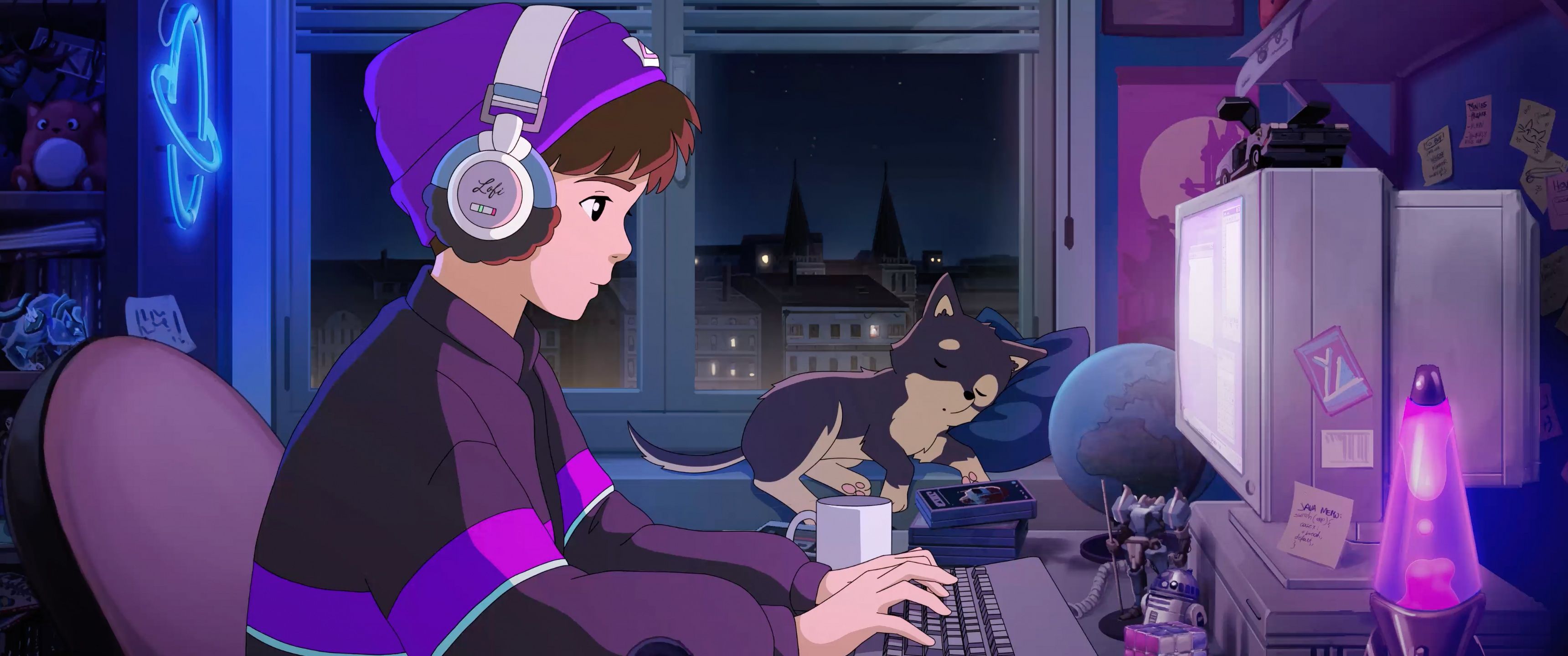 3440x1440 Lofi boy Wallpaper 4K, Synthwave, 5K, Anime girl