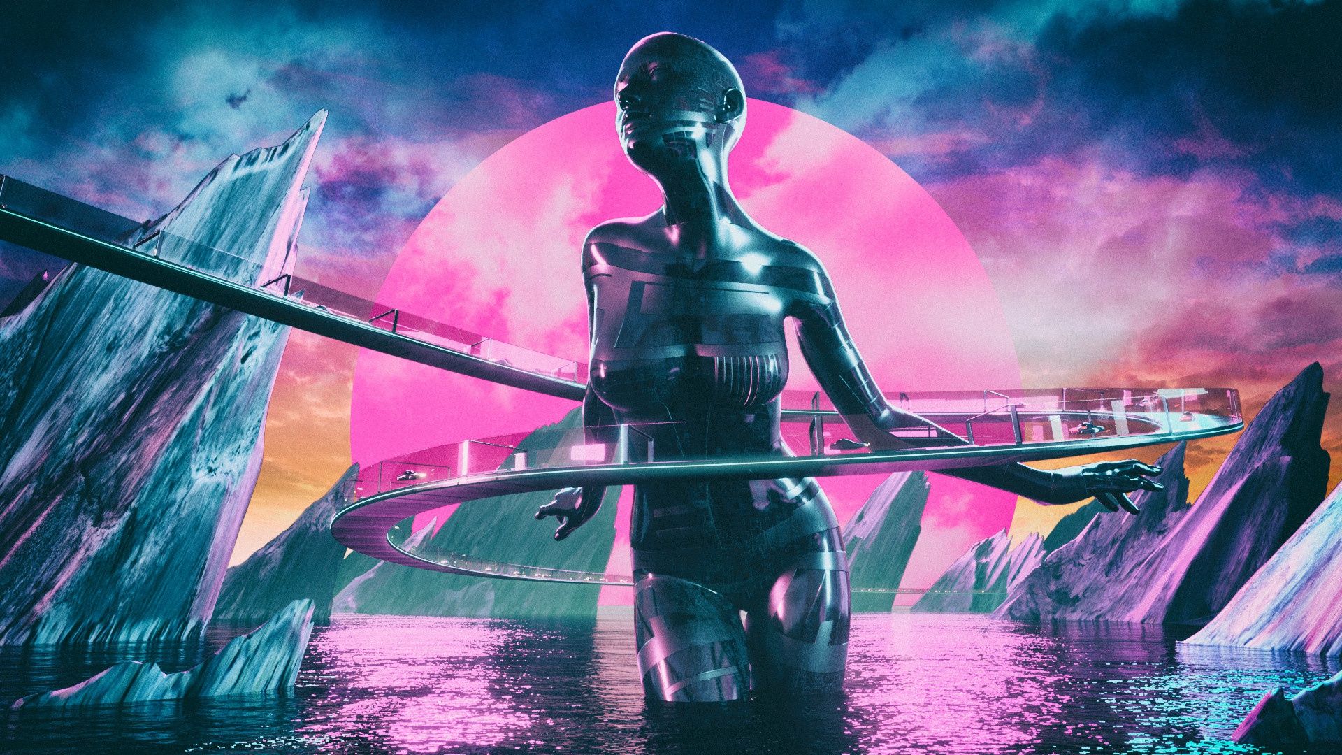 1920x1080 Wallpaper girl, music, background, 80s, Cyber, Cyberpunk, 80's, Synth for mobile and desktop, section фантастика, resolution 1920x1080