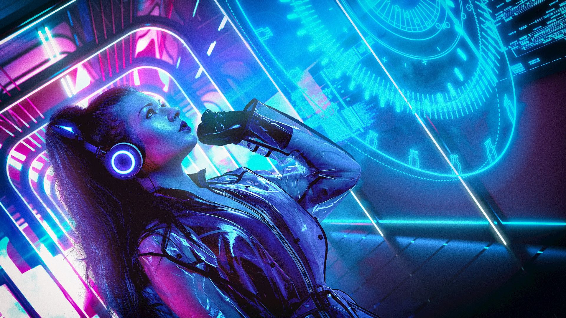 1920x1080 Wallpaper girl, music, background, neon, Neon, Cyber, Cyberpunk, Synth for mobile and desktop, section фантастика, resolution 1920x1080