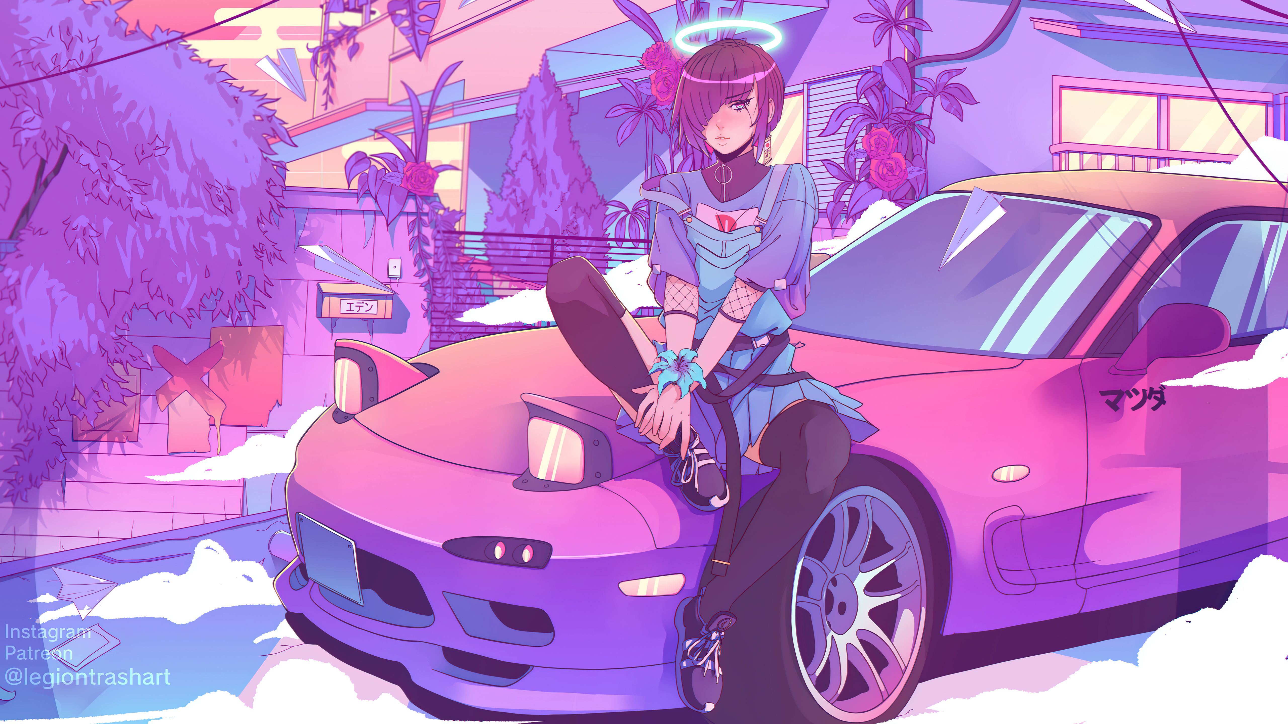 5120x2880 Neon Halo: Synthwave Fantasy Woman