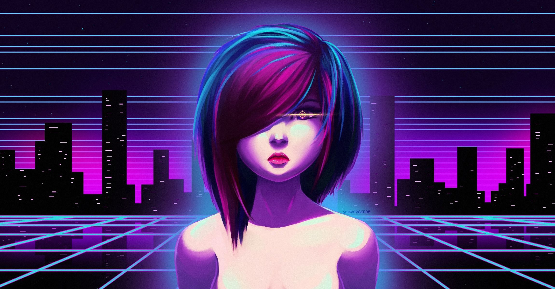 2300x1200 Wallpaper girl, night, the city, music, background, neon, 80s, 80's for mobile and desktop, section арт, resolution 2300x1200
