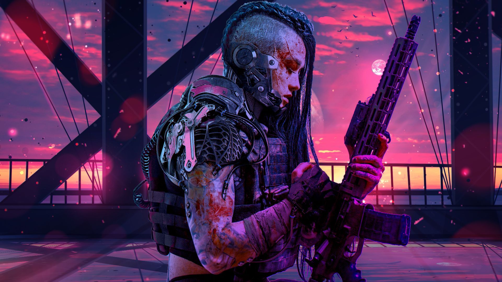 1920x1080 Desktop wallpaper: Synthwave, Retro Wave, Cyberpunk, Women Warrior, Sci Fi, Assault Rifle 4K free download for PC. 931254