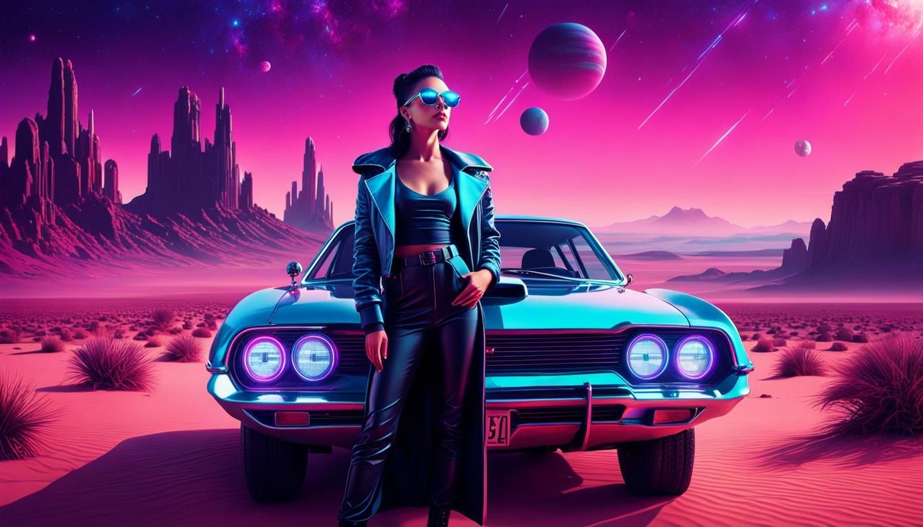 1344x768 Synthwave Woman in Cyberpunk Desert Landscape