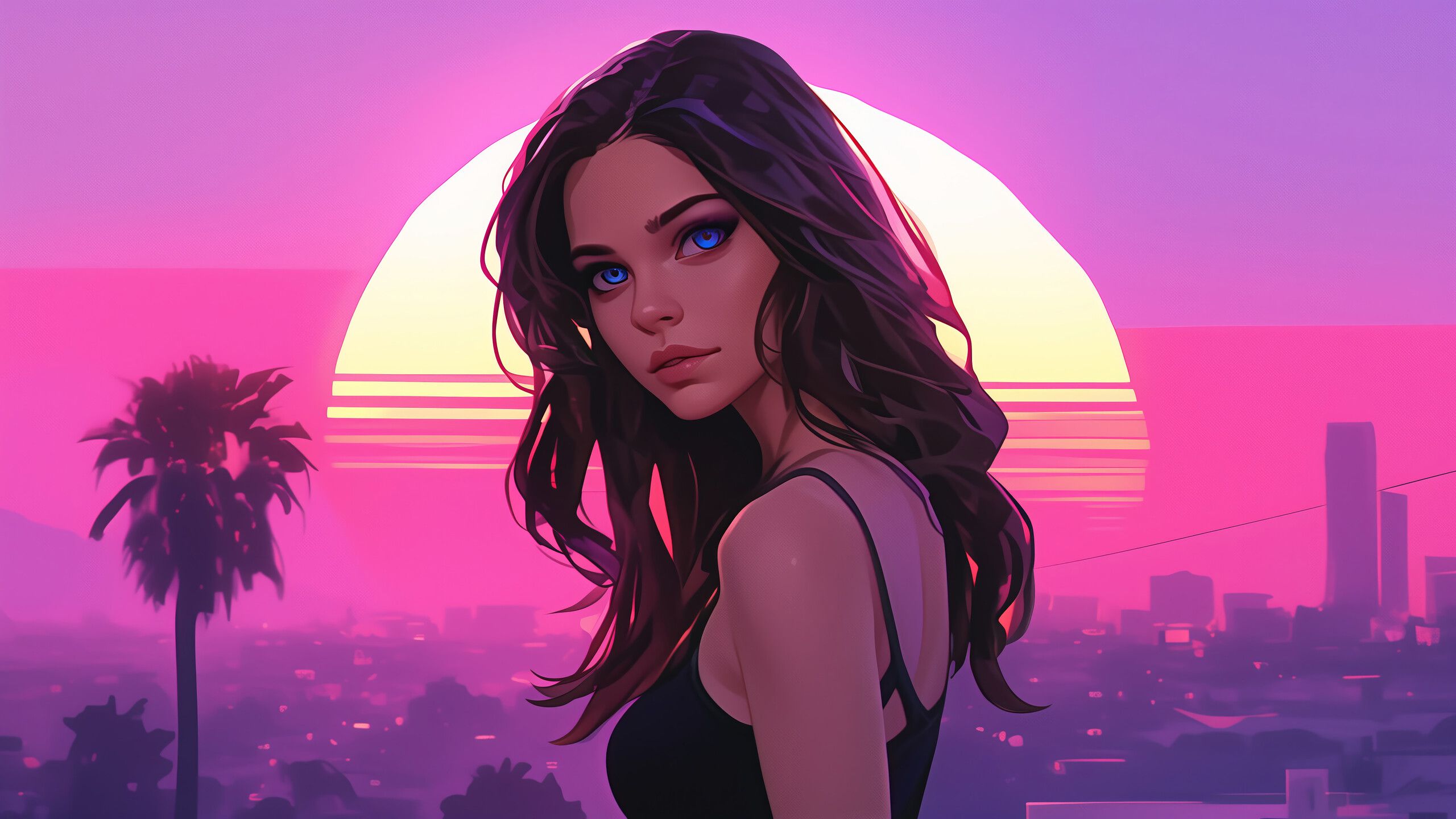 2560x1440 Synthwave Girl Sunset Wallpaper 4K HD PC j
