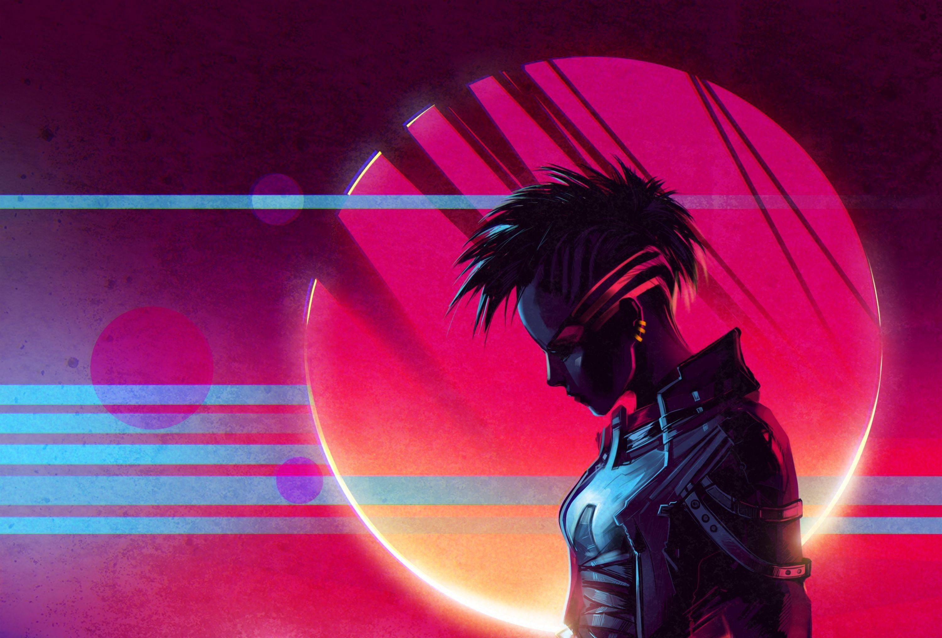 3000x2032 Wallpaper piercing, jacket, red, girl, Retrowave, Scandroid, Synthwave, Sintav for mobile and desktop, section музыка, resolution 3000x2032