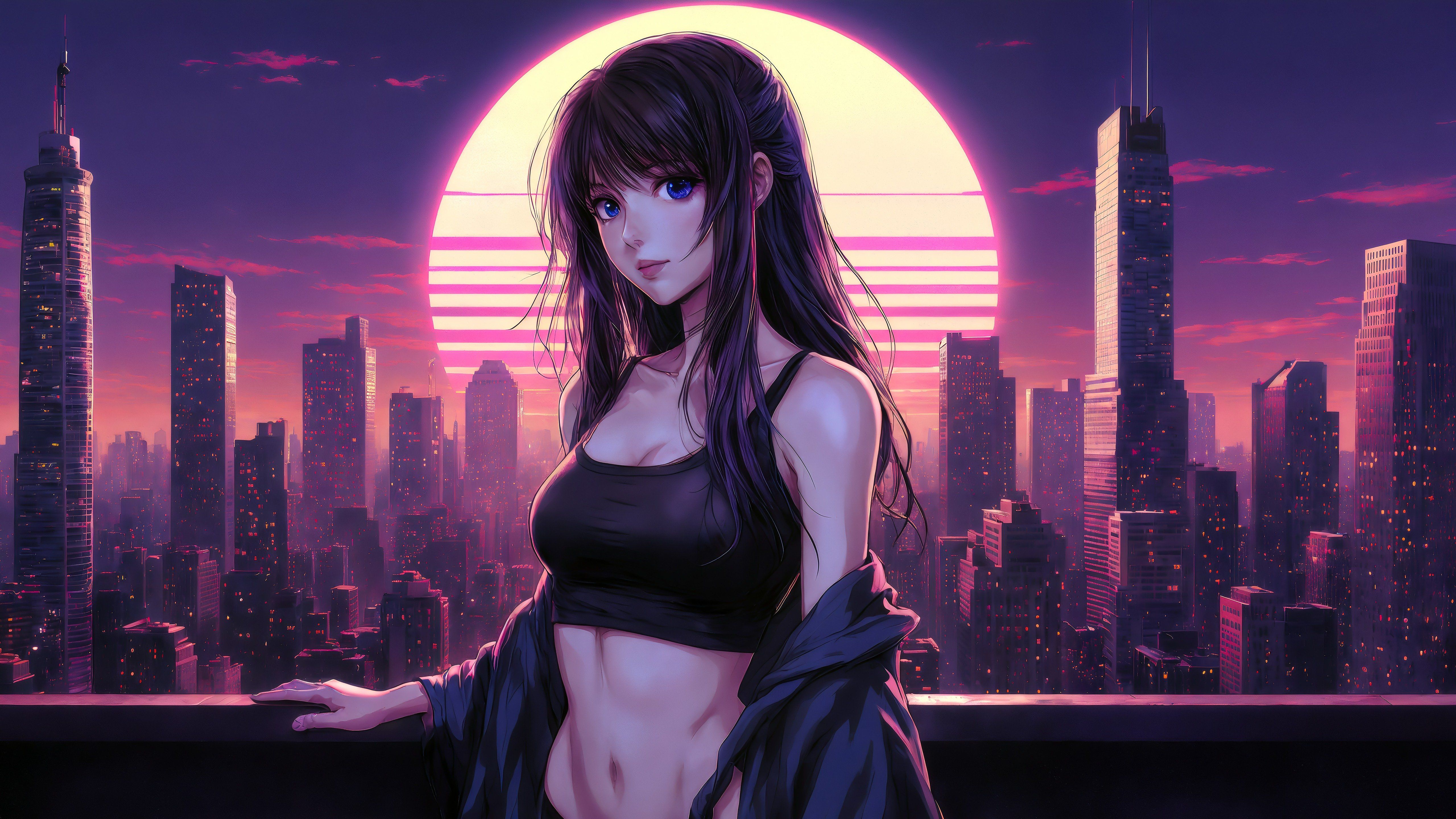 5120x2880 Anime Girl In A Retrowave Synthwave Style City Wallpaper 5k For Desktop