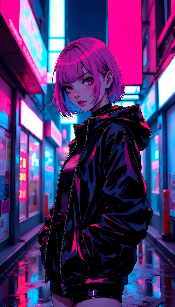 740x1295 Synthwave anime girl illustration Image