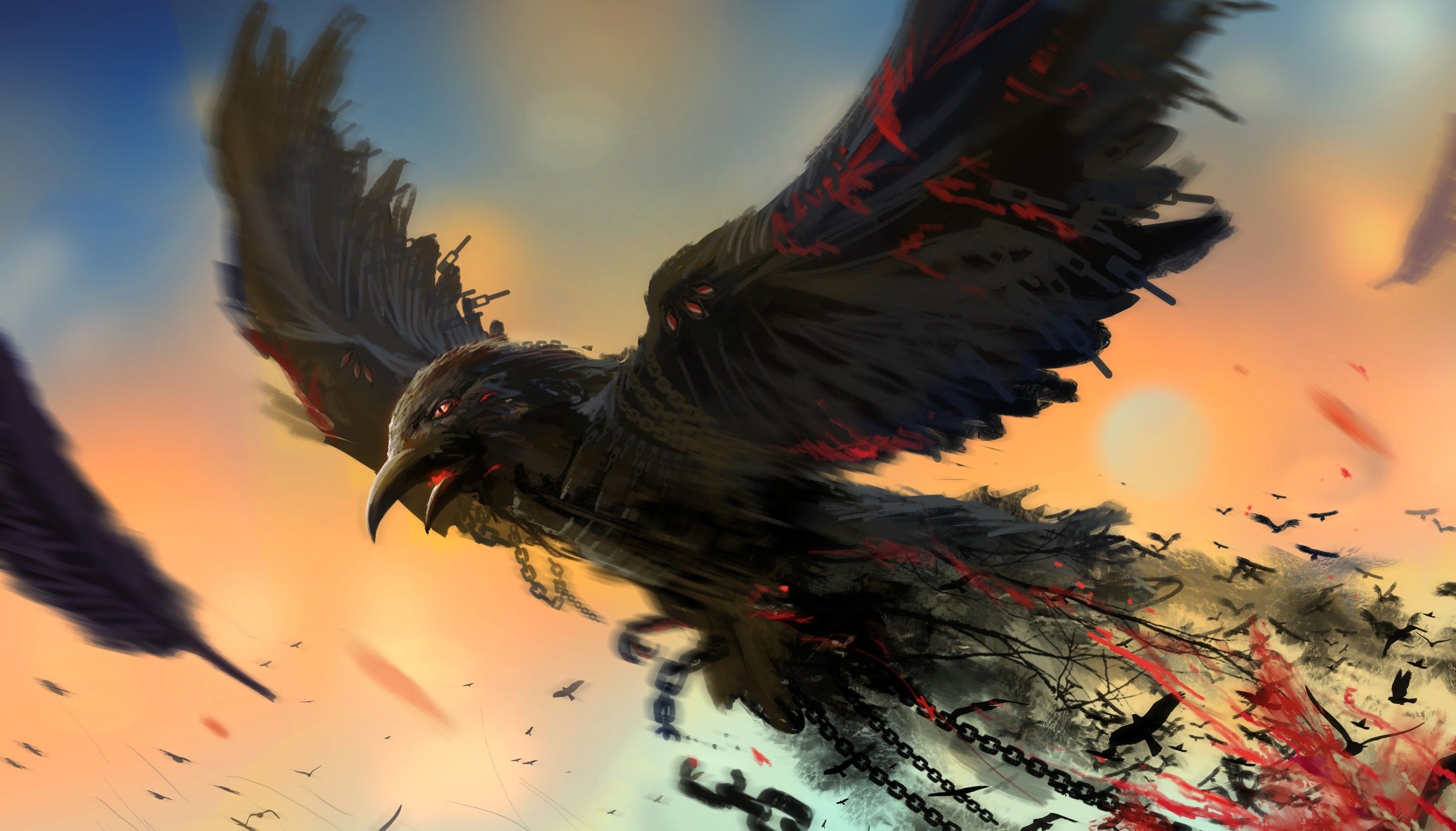 2727x1556 Wallpaper bird, art, chain, Raven for mobile and desktop, section живопись, resolution 2727x1556