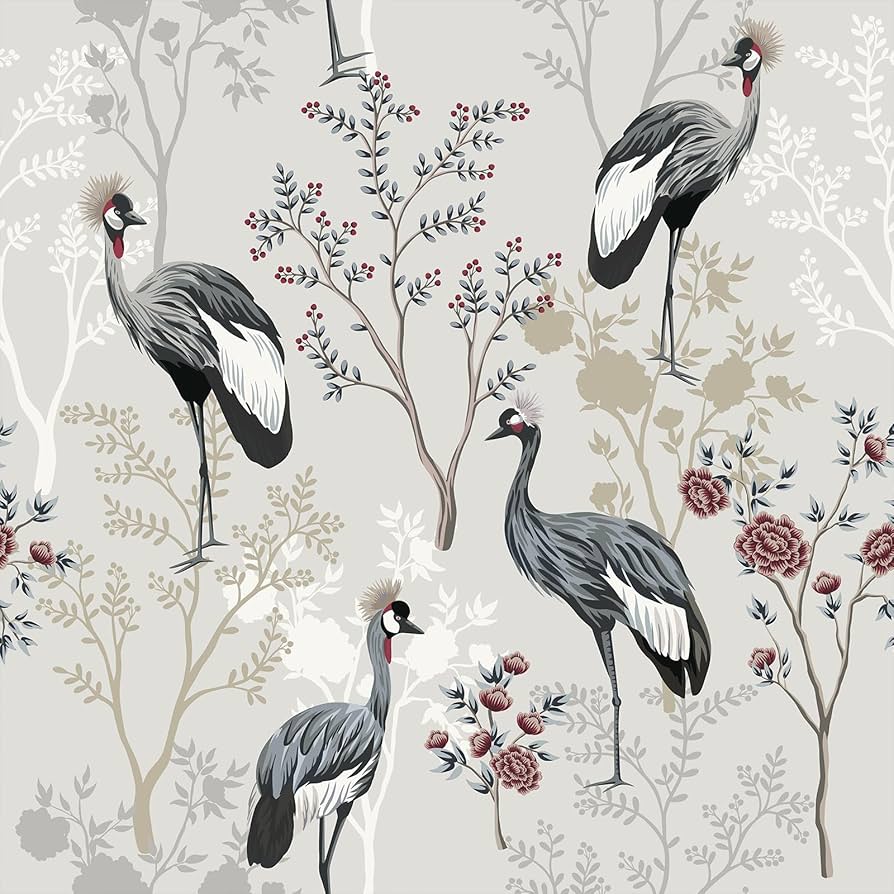 894x894 VEELIKE Grey Chinoiserie Wallpaper Peel and Stick Vintage Crane Bird Wallpaper for Bedroom Bathroom 17.7''x118'' Removable Bird Wall Mural Self Adhesive Grey Floral Contact Paper for Walls Cabinets