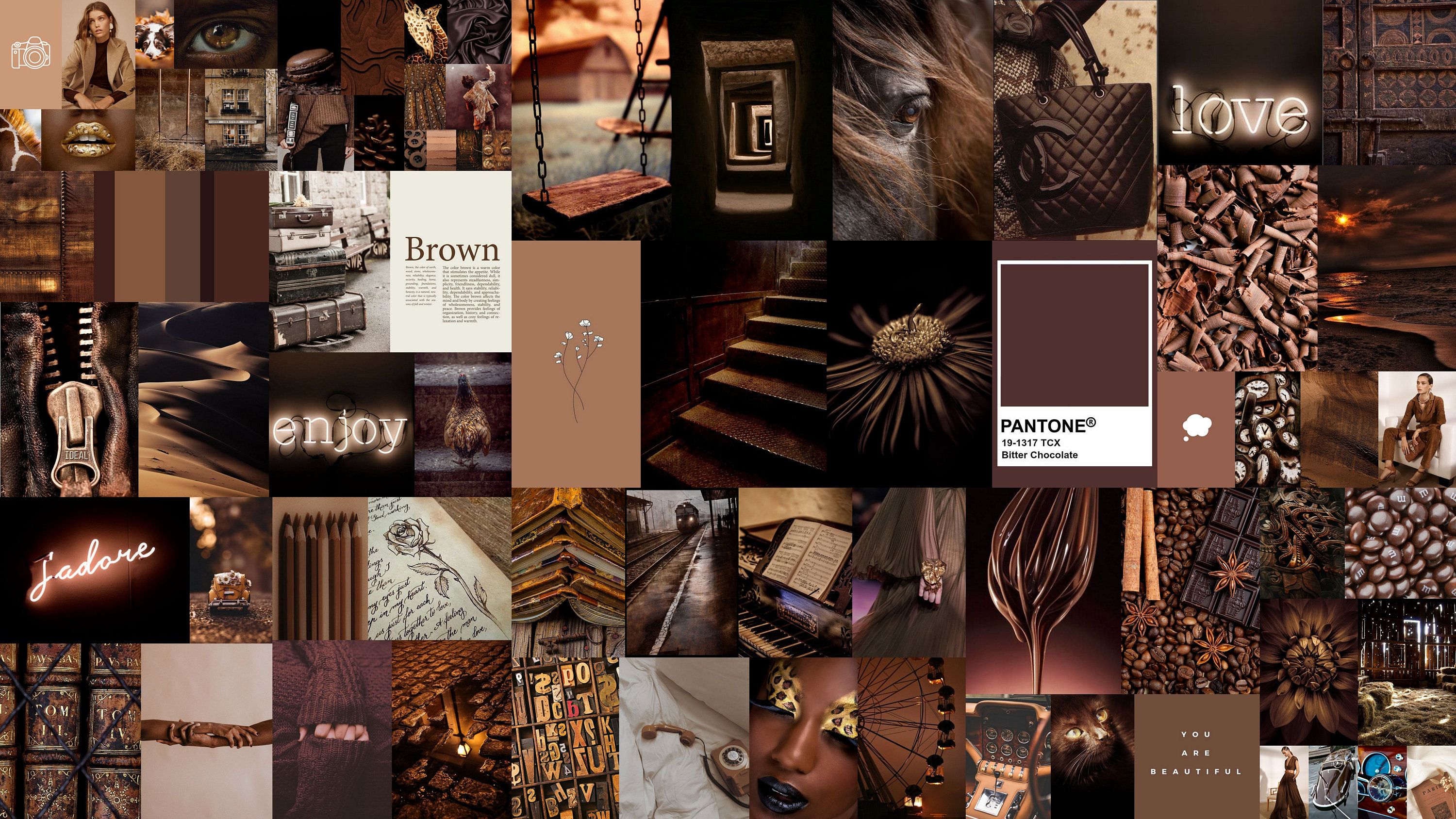 3000x1688 Brown Aesthetic Wall Collage 70 + Picture Brownish Chic Printable Kit