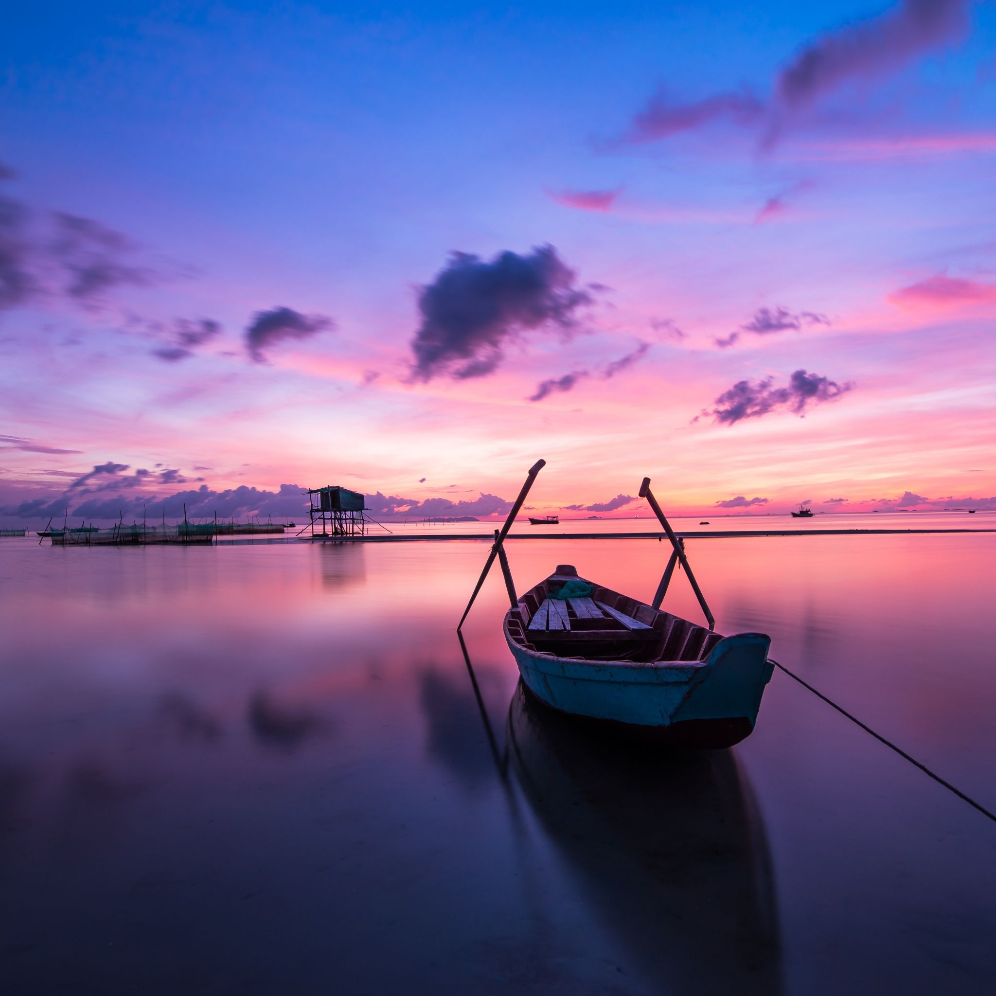 2048x2048 Rowing boat Wallpaper 4K, Sunset, Body of Water, Beach