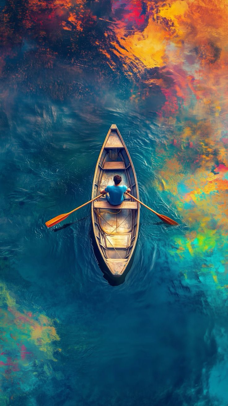 736x1308 mid shot of a small boat with a man rowing, he is stuck in a painting, colourful bright and beautiful high contrast colours, iphone wallpaper style