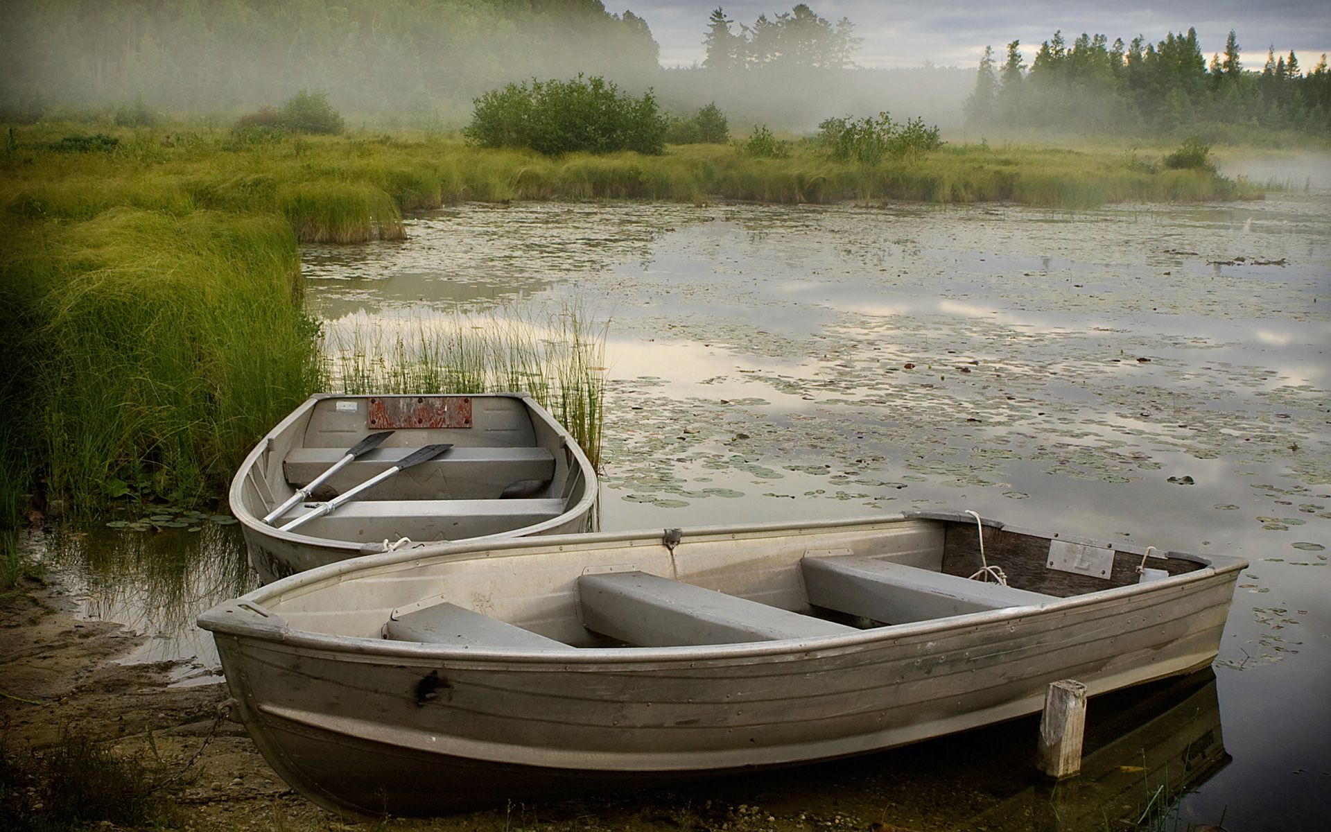 1920x1200 Misty Lake Serenity: Row Boats Resting in Foggy Dawnx1200