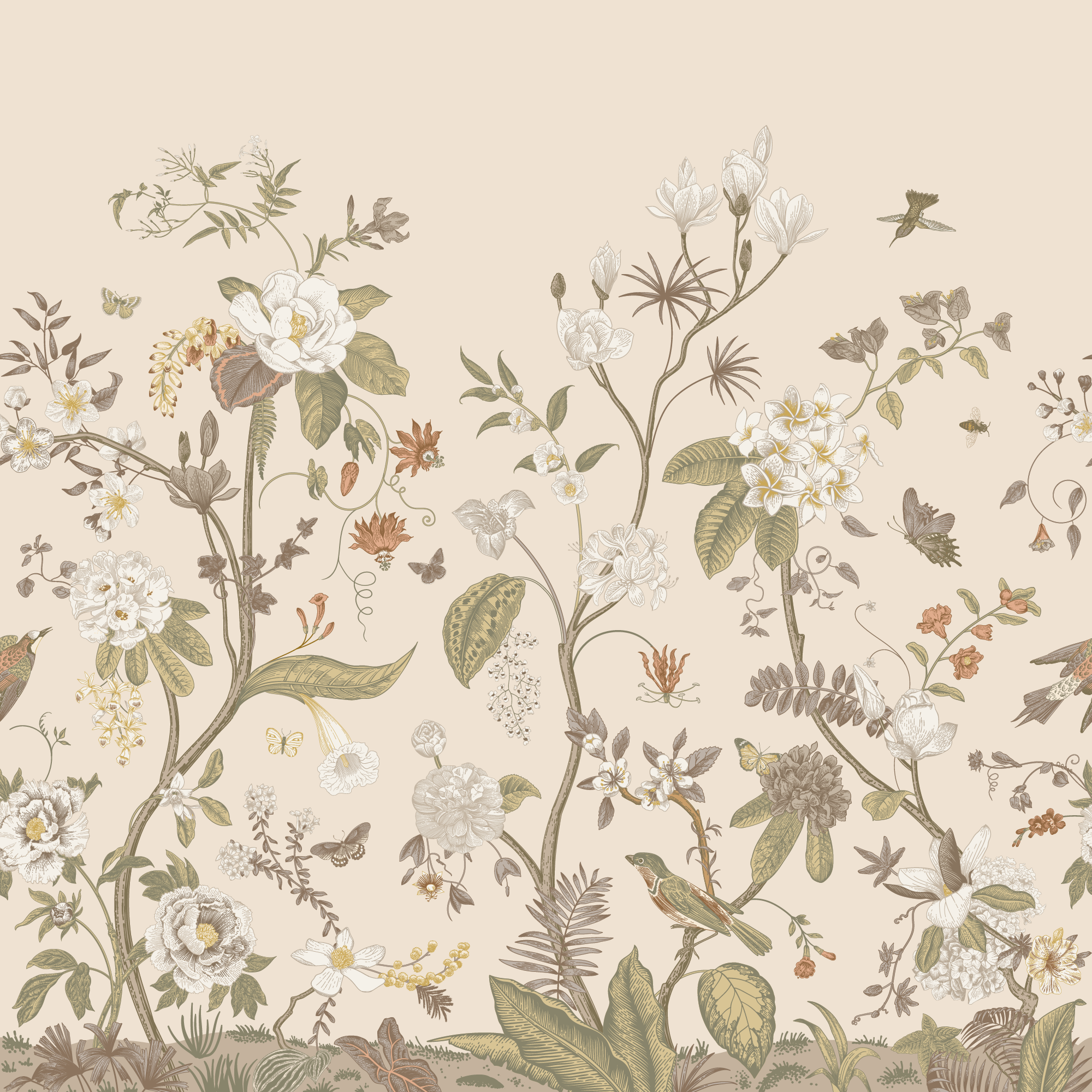 2000x2000 Beige Botanical Victorian Chinoiserie Wallpaper