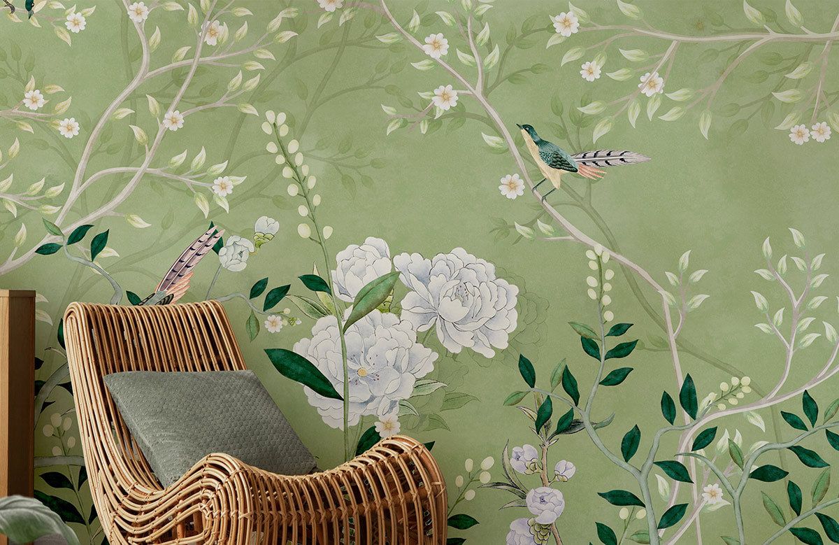 1200x779 Elegant Botanical Birds Green Mural Wallpaper