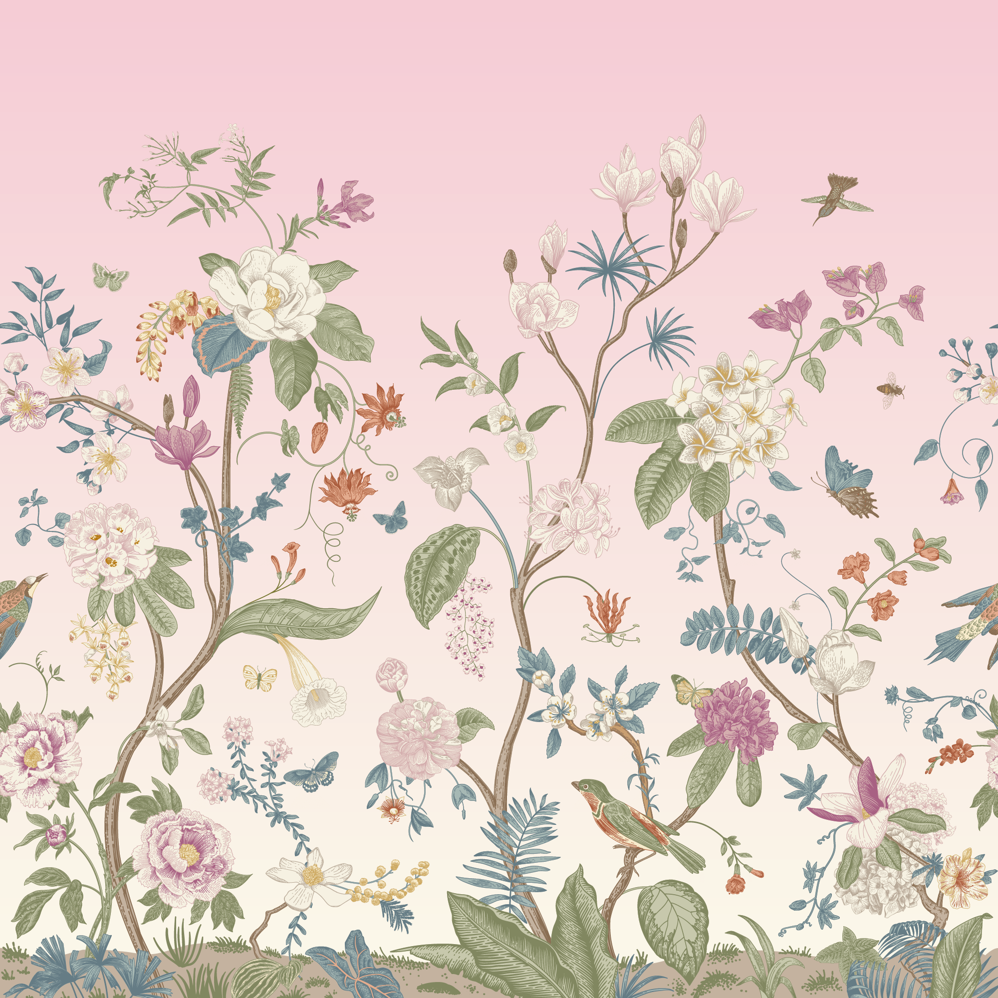 2000x2000 Pink Botanical Victorian Chinoiserie Wallpaper Mural