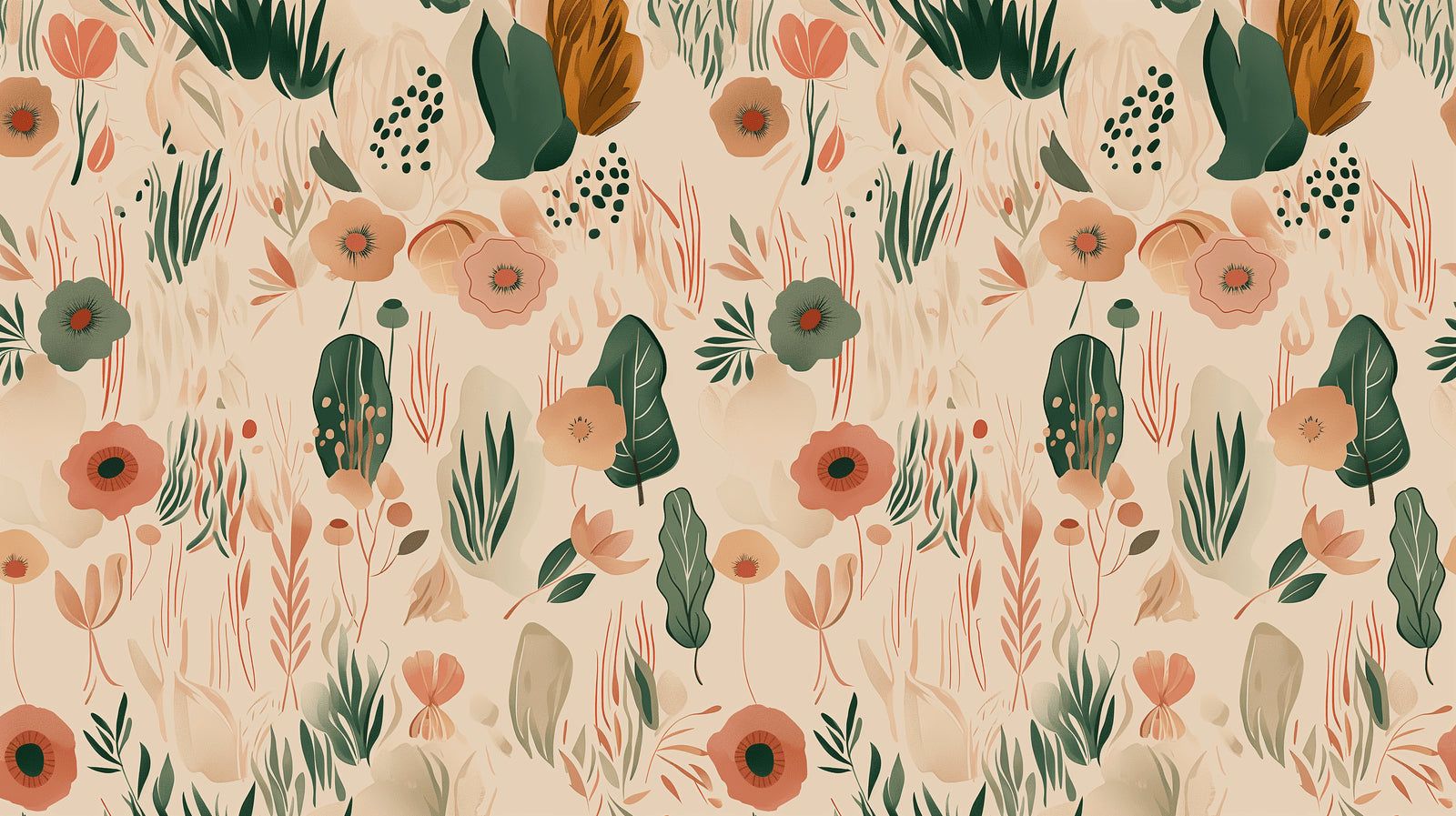 1600x897 Floral Mural Wallpaper. Botanical Art in Terracotta and Green