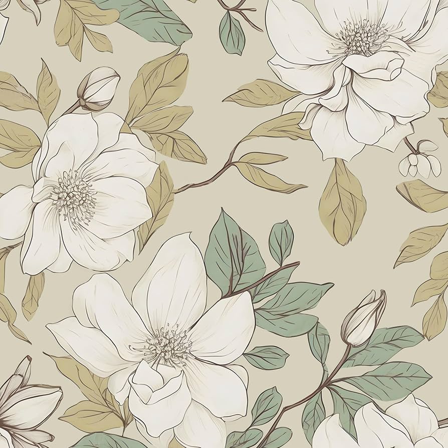 894x894 Beige Floral Wallpaper Peel and Stick, White Flowers Contact Paper, Vintage Botanical Boho Wall Paper Waterproof Self Adhesive Removable for Room Shelves Cabinet Drawer Table Decor 17.5 x 118