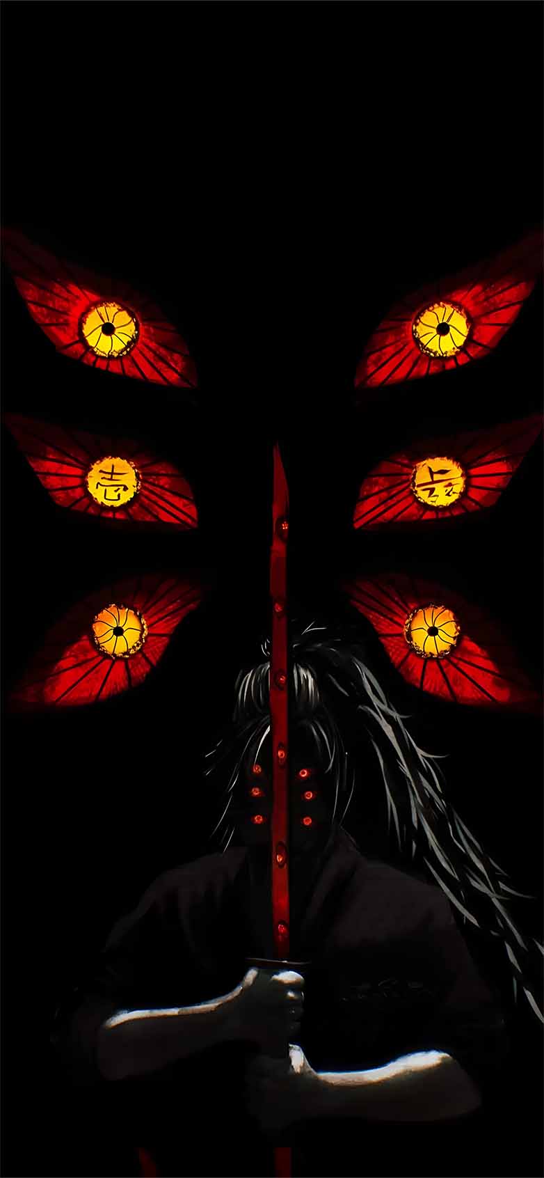 782x1692 Demon Slayer Kokushibo Red Eyes Dark Wallpaper