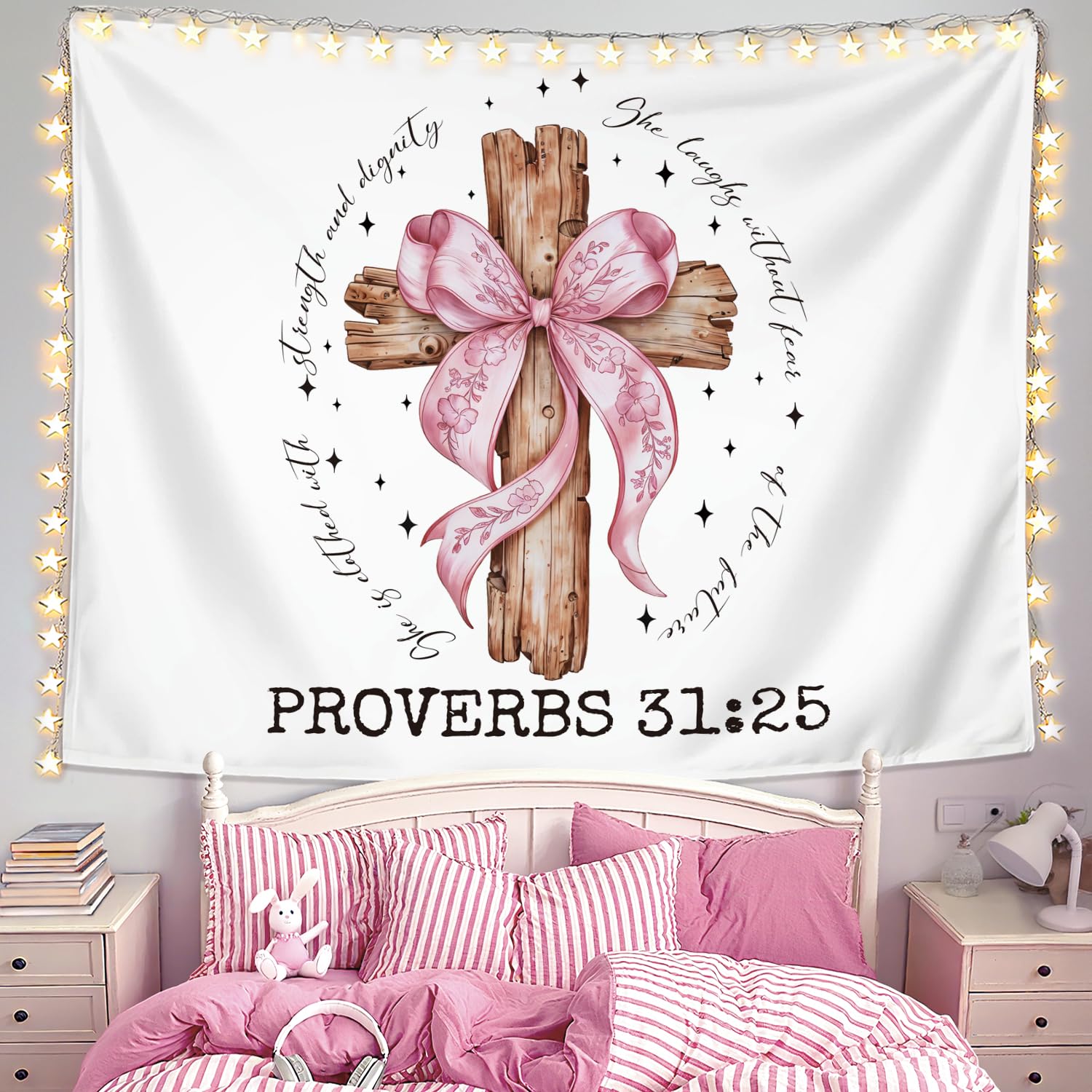 1500x1500 LIANGW Coquette Pink Bow Christian Tapestry Wall Hanging, Coquette Preppy Room Decor, Proverbs 31 Woman Gifts, Bible Verse Wall Blanket Decor for Girls Room Dorm Apartment, 50x60 Inch : Home