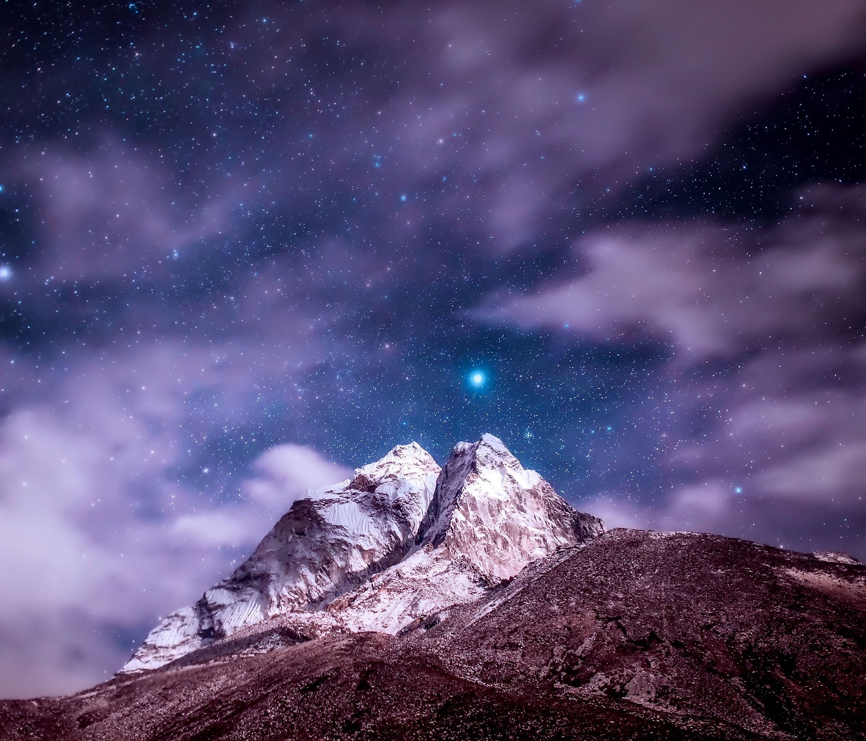 2968x2538 Download wallpaper 2968x2538 himalayas, mountains, peak, starry sky, clouds, snowy HD background