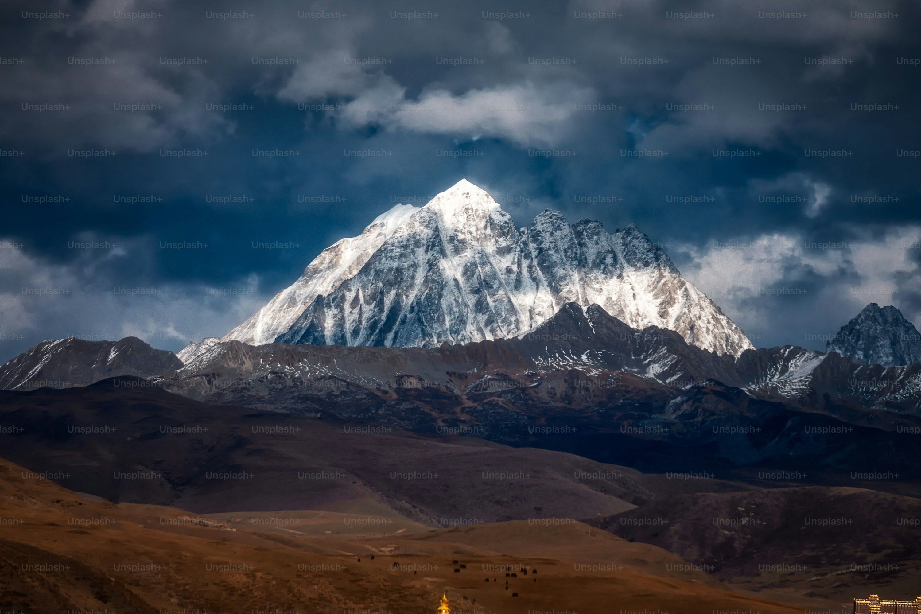 3000x2000 The view gloomy cloudy sky above the snow covered mountains. The Himalayas. photo