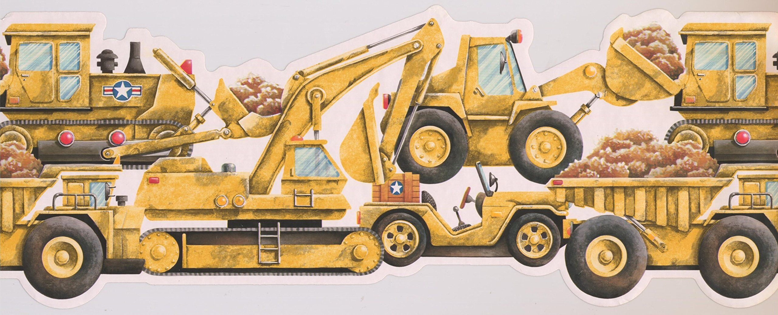 2560x1037 Yellow Bulldozer Excavator Truck Wallpaper Border for Kids Bedroom Playroom, Roll 15' x 10