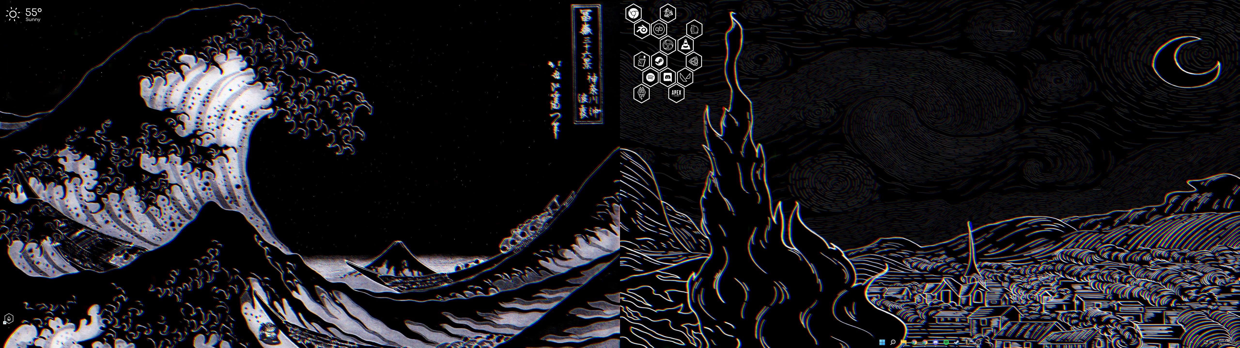 5120x1440 Great Wave x Starry Night Dual WallpaperEngine