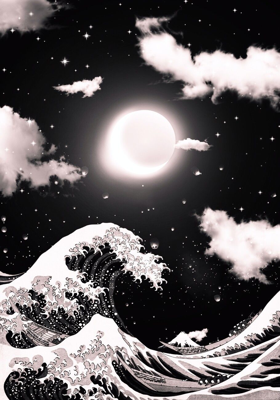 910x1300 Poster The Great Wave of Kanagawa of Hokusai black and white. Wall Art 1 FREE