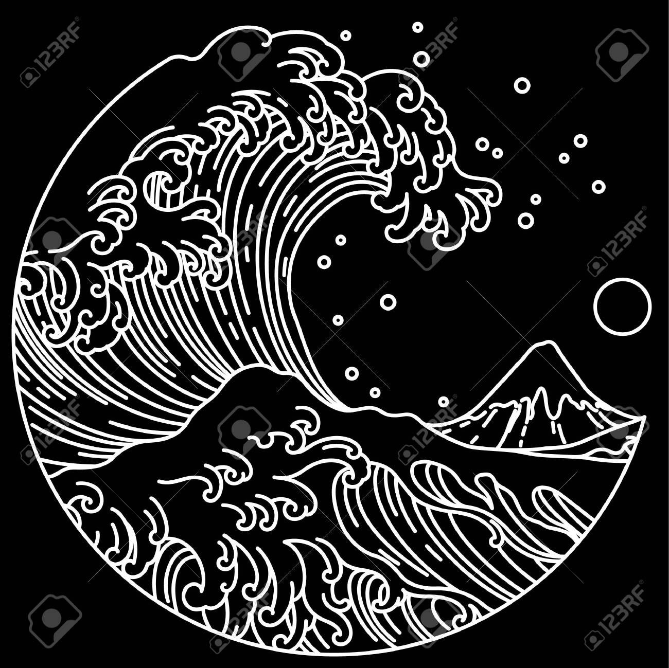 1300x1299 Japanese Great Wave Line Art In Round Shape Illustration. Isolated On Black Background. Editable Stroke.Ocean Of Kanagawa. Royalty Free SVG, Clipart, Vectors, and Stock Illustration. Image 132821836