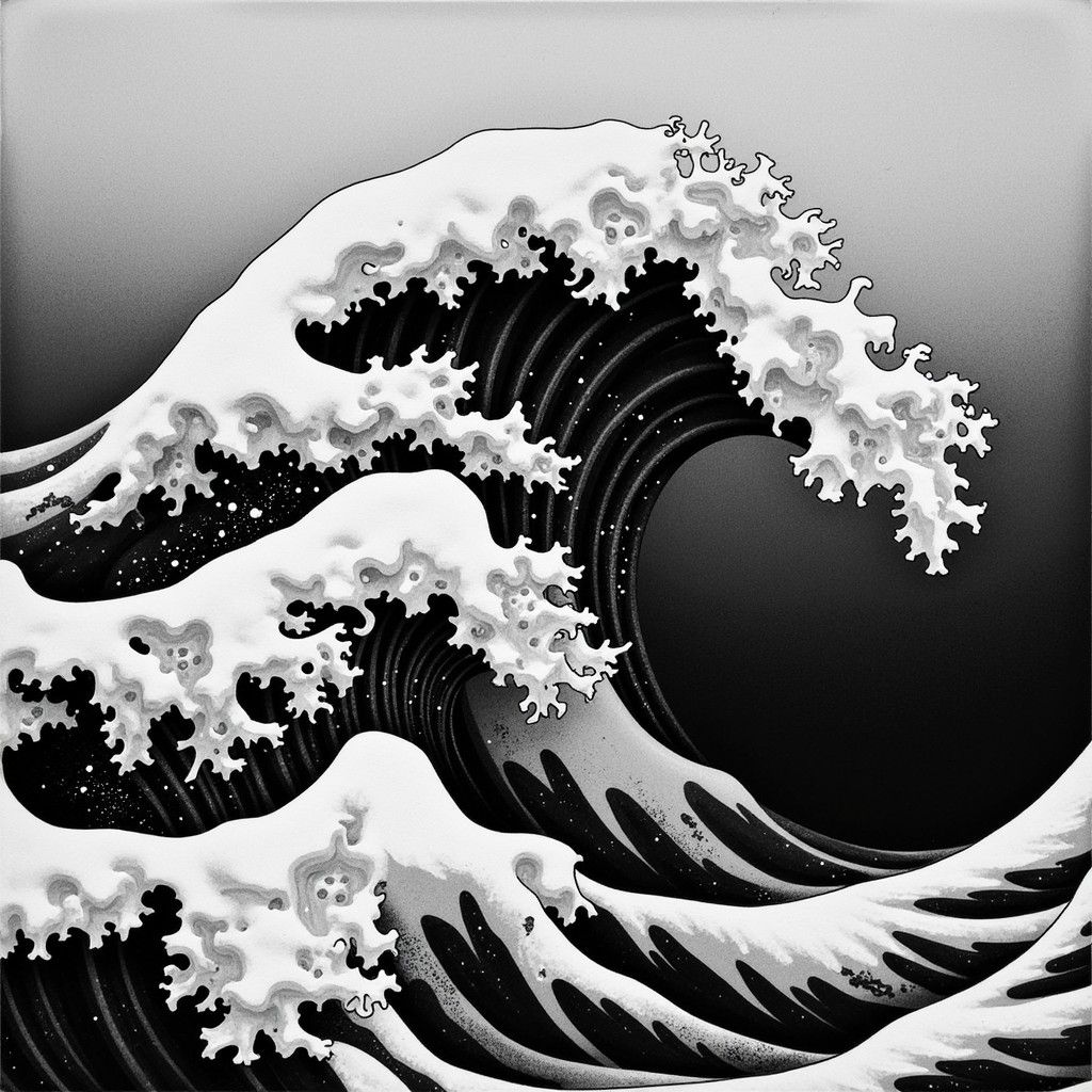 1024x1024 Free Great Wave Reimagined Image, Monochrome, Japanese