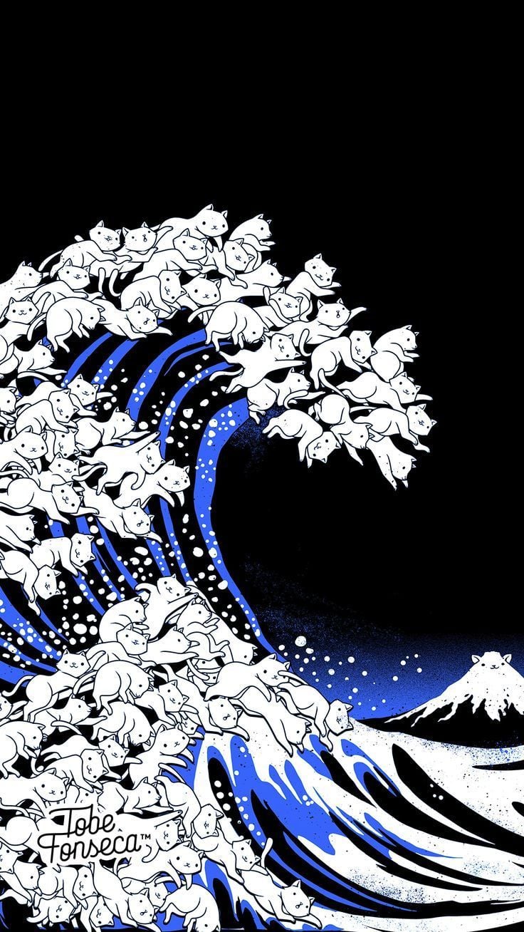 736x1308 Kanagawa Cat Wave Black Wallpaper