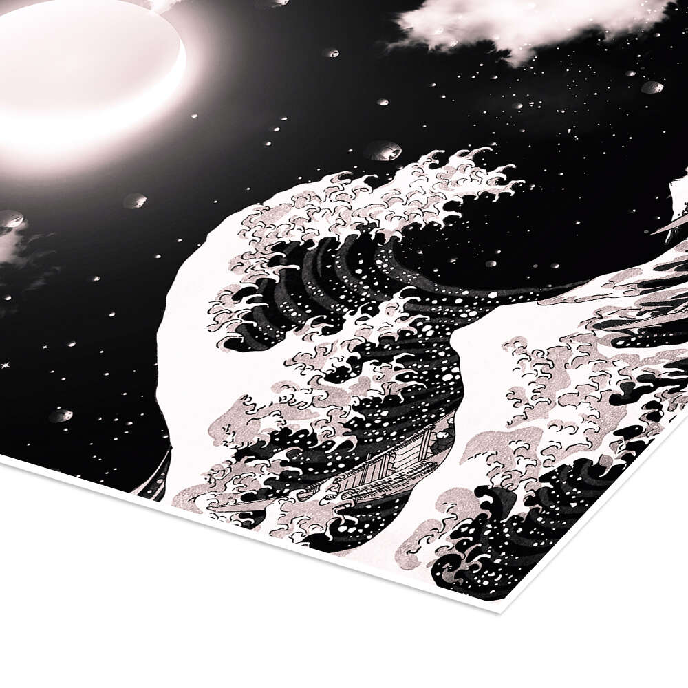 1000x1000 Great Wave off Kanagawa and Lunar Eclipse in black and white print