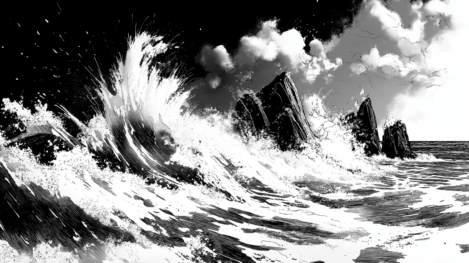 1600x897 Mural Wallpaper manga. Tumultuous waves on a rough sea
